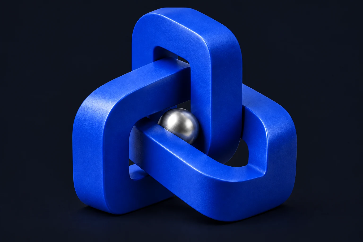 Three interlocking cobalt arches and a silver sphere, in soft studio light.