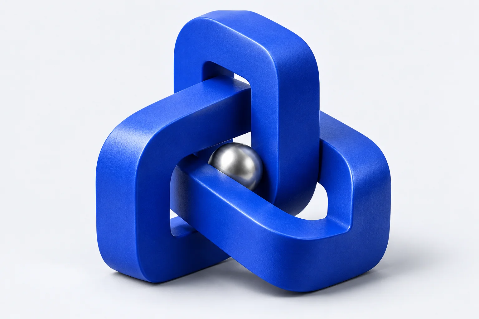 Three interlocking cobalt arches, revealing a silver sphere from a new perspective.